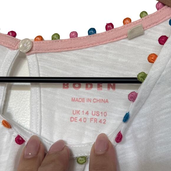 Boden White Pom Trim Ruffle Sleeve Cotton Top Size US 10 - Picture 7 of 9